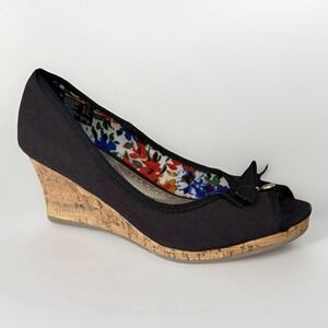 Dexflex Comfort Cork Wedge Fabric Heels Womens 7 Black Peep Toe Pumps Fabric Bow